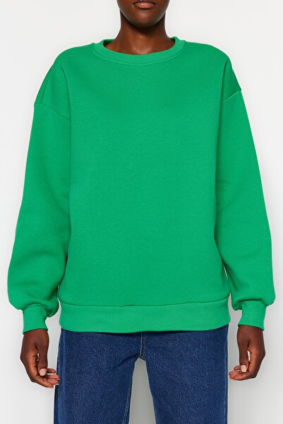 Trendyol Collection Zelená oversize/pohodlný střih Basic Crew Krk Silný/Vnitřní fleecová pletená mikina TWOAW24SW00102