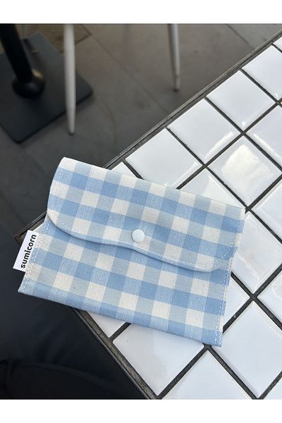 Sumicorn Design Blue Gingham Washable Linen Pad Bag with Snap Fasteners, Mini Wallet, Bag Organizer