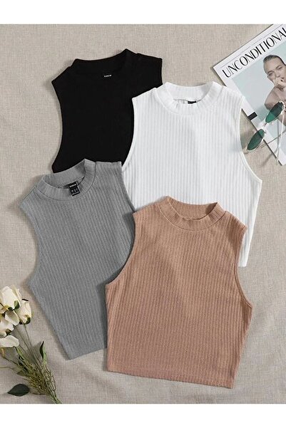 ÖZ PAMUK Kadın 4 lü Adet Fitilli %100 PAMUKLU Örme Kaşkorse Crop Bluz ATleT