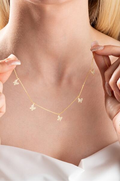 Nereze 925 Ayar Gümüş Gold Zirkon Taşlı Şans Kelebek Kolye