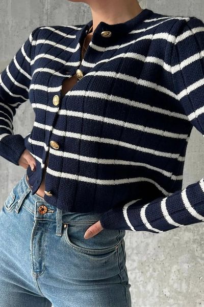 MODAGEN Women's Striped Gold Buttoned Knitwear Cardigan