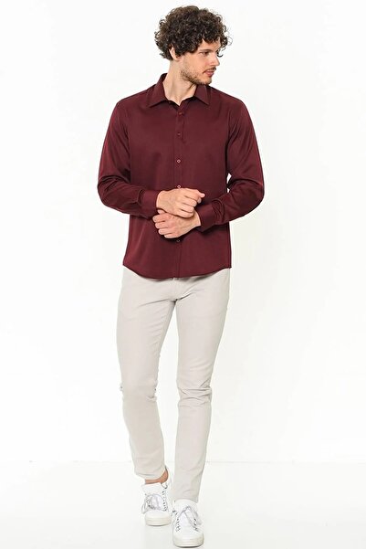 Varetta Erkek Bordo Slim Fit Cepsiz Uzun Kollu Gömlek