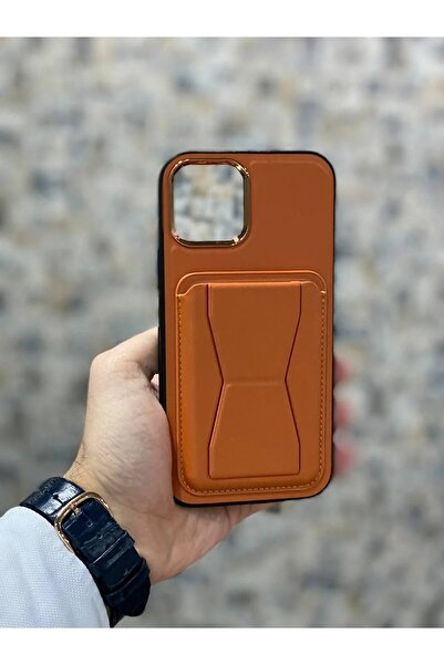 Apple iphone 13 Kılıf Kartlıklı Deri Görünümlü Stant Olabilen Metal Çerçeveli Kapak Kilif