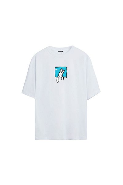 THEWERT Unisex Rabbit Printed White Oversize Tshirt