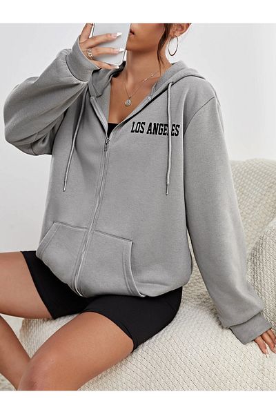 Machetta Women's LosAngelas - Star Back and Front Print Detailed 3 Thread Zippered Hooded Smoke Gray Jacket
