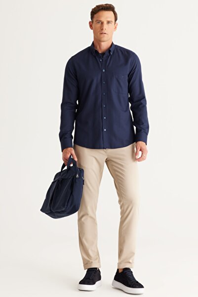 AC&Co / Altınyıldız Classics Men's Navy Blue Slim Fit Narrow Cut Button Collar Cotton Oxford Shirt