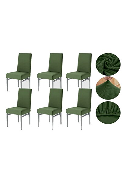 GüzelEvim Tekstil Likralı Pitikare Desen Haki yeşil Renkli Lastikli 6'lı Sandalye Kılıfı
