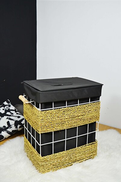 SepetçiBaba Metal Hasır Örmeli Kare Çamaşır Sepeti Siyah