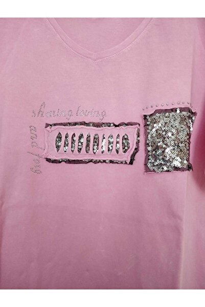 anne moda ankara Μπλούζα με κοντομάνικο μοτίβο με λέιζερ 100% βαμβακερό τριμμένο με λάμψη