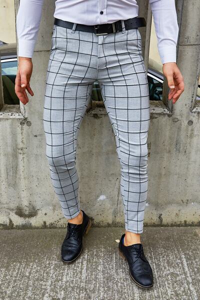 MODAMESTO Erkek Gri Ekose Slim Fit Kumaş Pantolon
