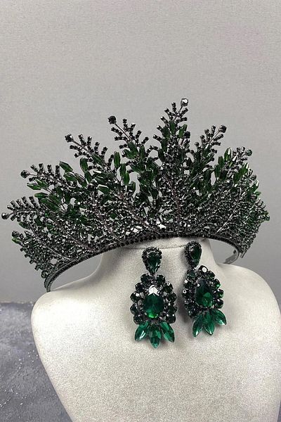 Hayalperest boncuk Green Nairobi Model Bridal Henna Wedding Crown and Shuttle-Drop Earring Set Wedding Crown
