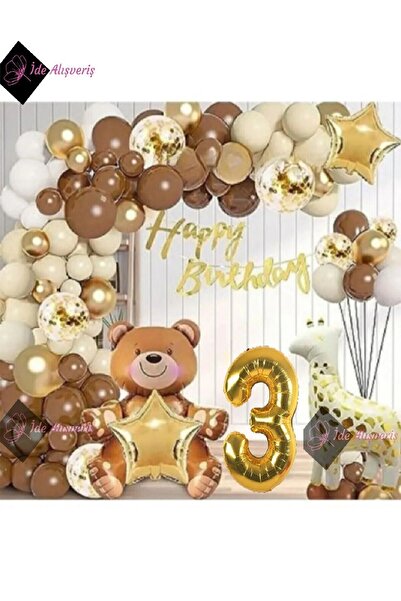 Genel Markalar HAYVAN TEMALI FOLYO BALONLU KAHVERENGİ 3 YAŞ DOĞUM GÜNÜ PARTİ SETİ BALON SETİ