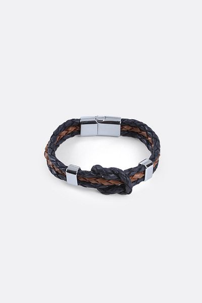 MRHERO Mh034 Men's Navy Blue Glass 100% Genuine Leather Braided Handmade Leather Bracelet