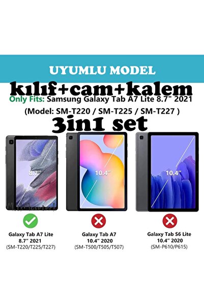 m.tk moveteck Samsung Galaxy Tab A7 Lite 8.7 Inç Sm-t220 Tablet Kılıfı Akıllı Smart Uyku Modlu + Ekran Camı +Kalem