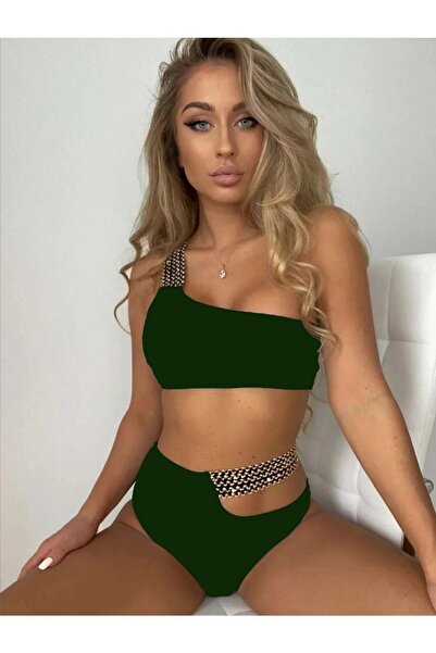 sayina Γυναικείο πράσινο γκλίτερ με κορδέλα με έναν ώμο Κέντημα από καουτσούκ Λεπτομερές κομψό σετ μπικίνι με επένδυση ψηλής μέσης