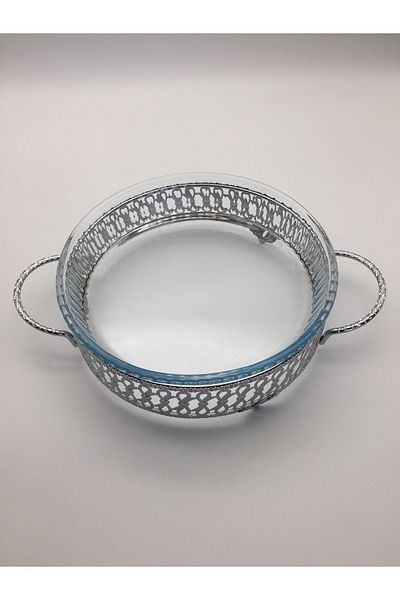 Fiyakalı Ürünler Atölyesi Silver Round Pyrex Stand, Pyrex Service Presentation Tray Stand, Small Size (Without Pyrex)