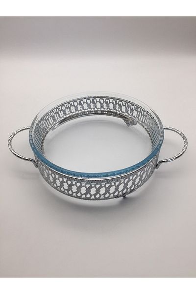 Fiyakalı Ürünler Atölyesi Silver Round Pyrex Stand, Pyrex Service Presentation Tray Stand, Small Size (Without Pyrex)