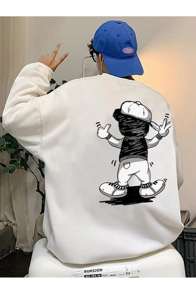 Adrift Bear Oversize Crew Neck Cotton Sweatshirt White