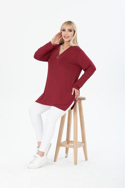 HÜLYA BUTİK MAROON COLLAR ZIPPERED UZUNOL BLOUSE