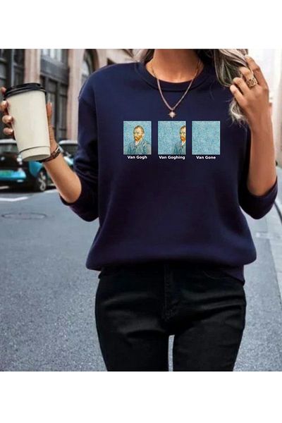 Rokeby Navy Blue Van gogh Printed Crew Neck Oversize Women's Sweatshirt