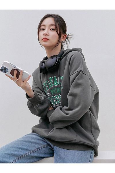 Keywest Unisex Anthracite Satisfactory Design Φούτερ με στάμπα 3 κλωστών Oversize με κουκούλα - Hoodie