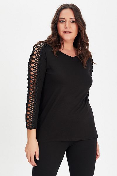 Moda Cazibe Women's Black Plus Size Top Guipure Long Sleeve Blouse