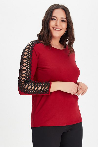 Moda Cazibe Women's Burgundy Plus Size Top Guipure Long Sleeve Blouse