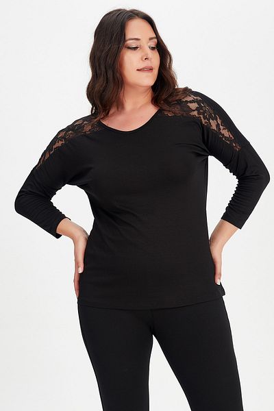 Moda Cazibe Women's Black Plus Size Robe Lace Detailed Long Sleeve Blouse