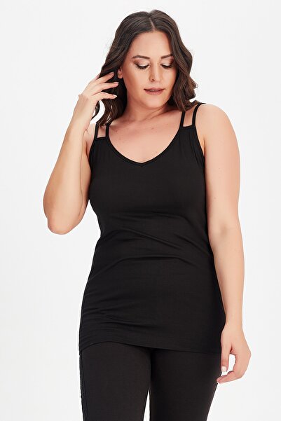 Moda Cazibe Women's Black V-Neck Double Piping Tank Top Blouse