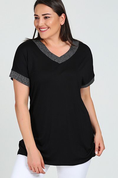 Curvy Trend Κοντομάνικη μπλούζα με γκλίτερ γιακά