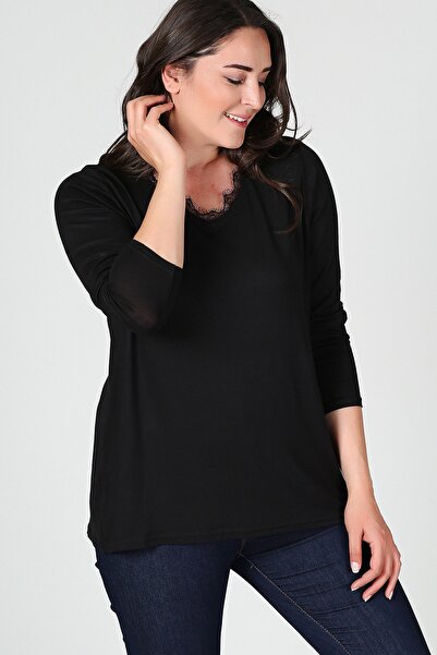 Curvy Trend Collar Lace Detailed Long Sleeve Blouse