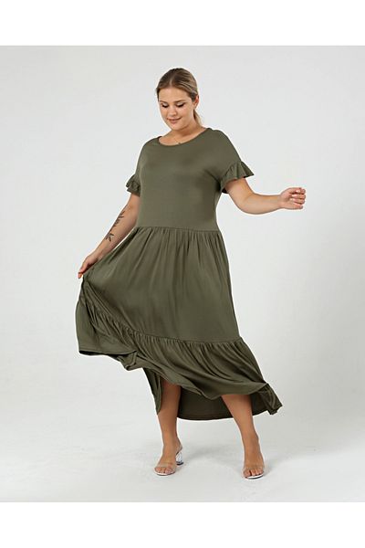 Curvy Trend Plus Size Gathered Block Ruffle Sleeve Dress