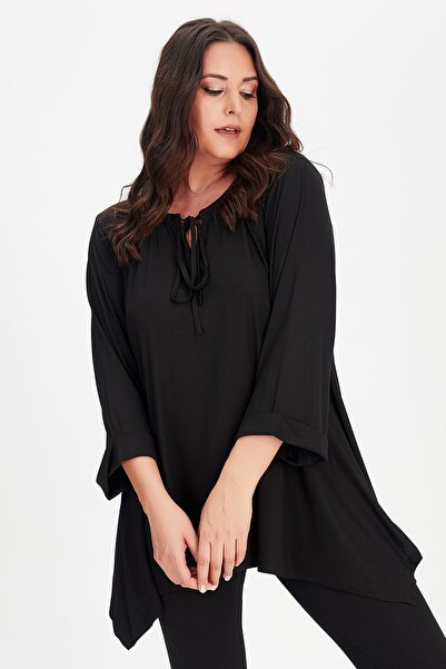 Moda Cazibe Plus Size Collar Lace-up Sleeve Folded Side Slit Tunic