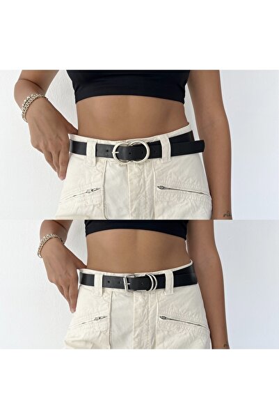 coaksco Curea neagră pentru femei - 2 piese, cataramă dublă și detaliată