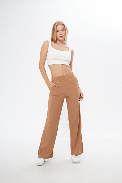 THIFF GYMWEAR Camel Waist Elastic Wide Leg Double Pocket High Waist Sweater Knitted Women's Trousers