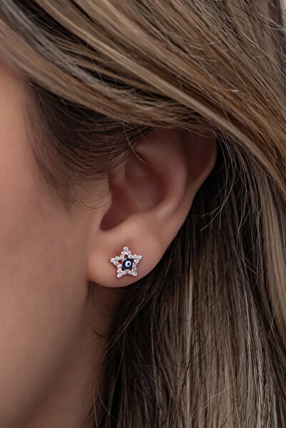 Nereze 925 Ayar Gümüş Mavi Mineli Minik Nazar Yıldız Küpe