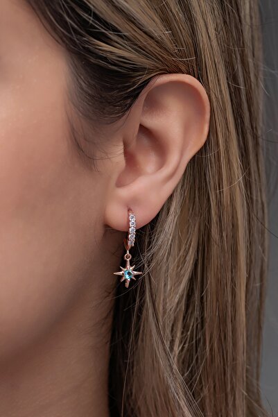 Nereze 925 Ayar Gümüş Zirkon 5 Taşlı 12 Mm Yarım Tur Sallantılı Kutup Yıldızı Küpe