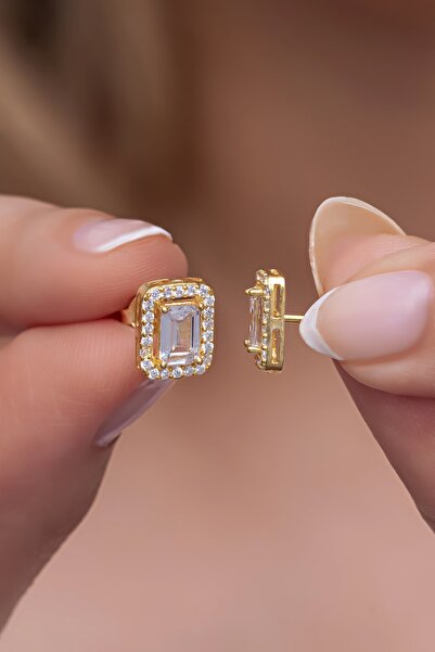 Nereze 925 Ayar Gümüş Gold Baget Tektaş Model Küpe