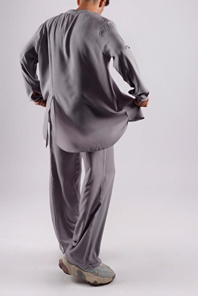 LoFiBuy Unisex Çift Yırtmaç Gri Oversize Rahat Kalıp Alt Üst Takım