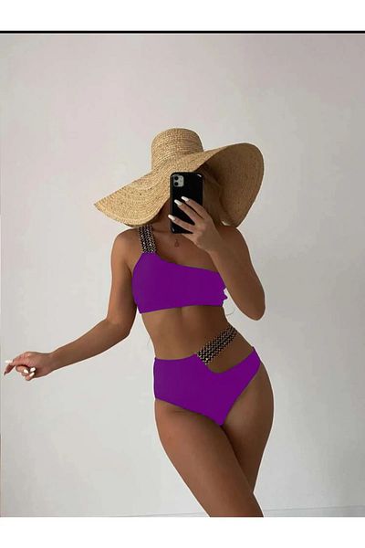 sayina Women's Purple Glitter One-Shoulder Ribbon Embroidery Elastic Detailed High Waist Lined Stylish Bikini Set