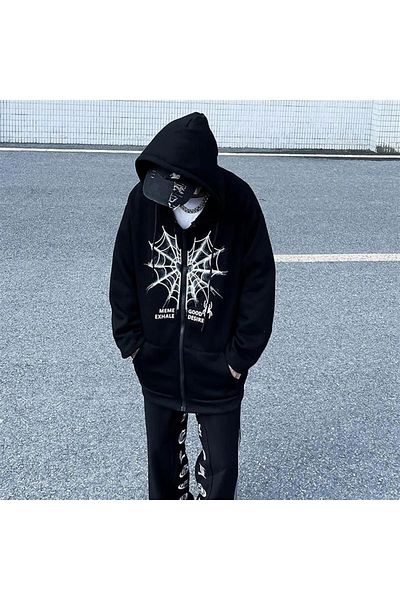 Gofeel Heart Spider Web Printed Oversize Zippered Black Unisex Hooded Cardigan