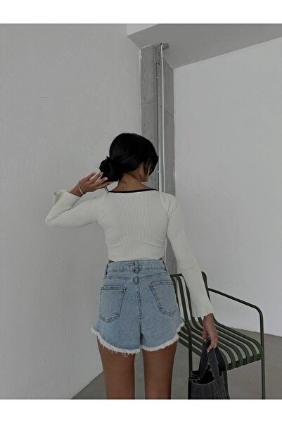 LB Laluna Butik Dámská pletená pletená blůza s límcem se srdcem Ecru