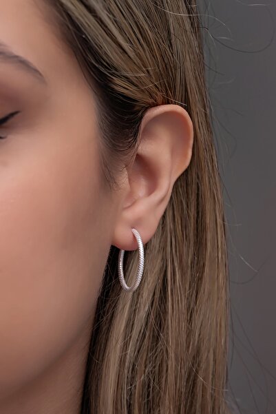 Nereze 925 Ayar Gümüş Dalgalı Çizgili Tasarım 20 Mm Halka Küpe