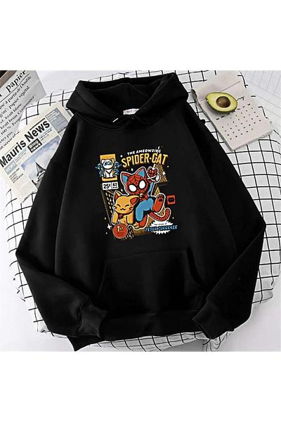 Gofeel Spider-Cat Printed Black Unisex Oversize Hooded Sweatshirt