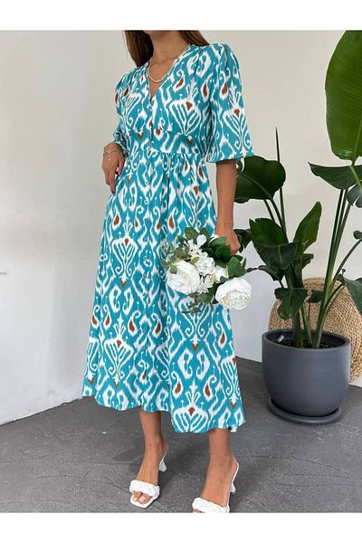 Fav Style Rochie de damă cu mânecă scurtă, cu model, cu închidere cu nasturi, cu decolteu în V, lungă din viscoză, turcoaz