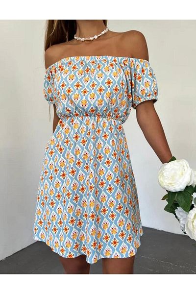 konfashion Mini rochie Madonna cu guler cu imprimeu floral - turcoaz