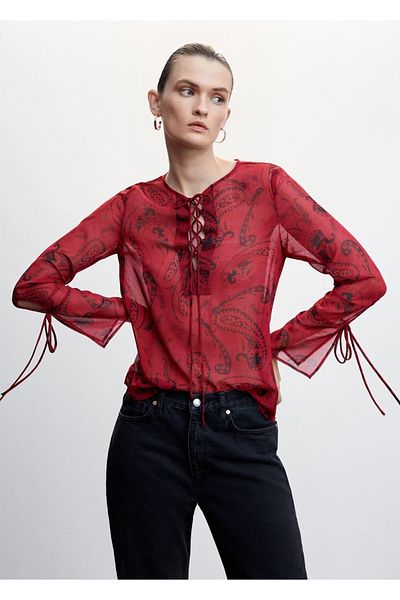 MANGO Woman Bluse mit Schalmuster und Bindedetail