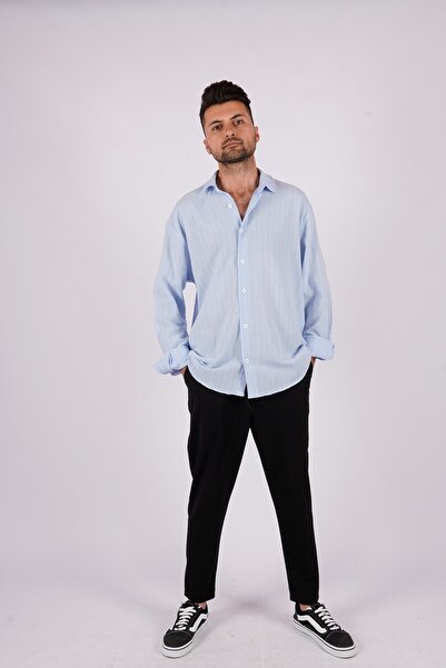 LoFiBuy Erkek Bebe Mavisi Çizgili Yazlık Bol Kalıp Keten Oversize Gömlek