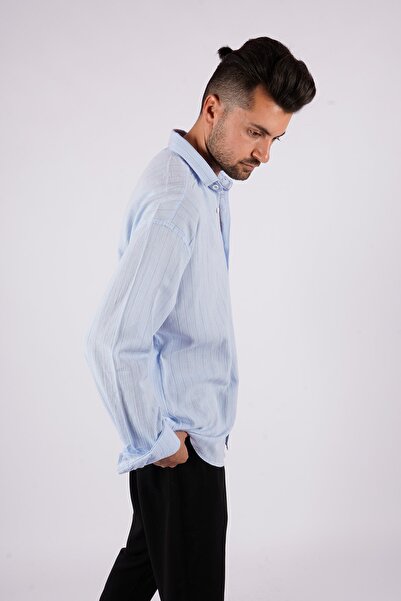 LoFiBuy Erkek Bebe Mavisi Çizgili Yazlık Bol Kalıp Keten Oversize Gömlek
