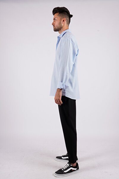 LoFiBuy Erkek Bebe Mavisi Çizgili Yazlık Bol Kalıp Keten Oversize Gömlek